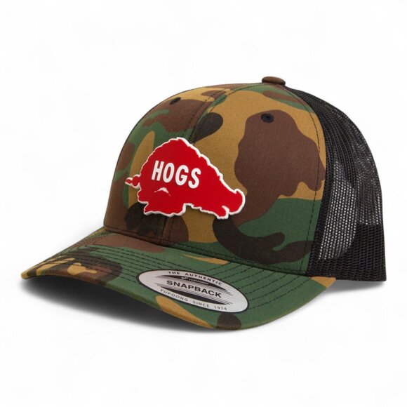 Arkansas Razorbacks Retro HOGS Red YP Snapback Hat- Army Camo/ Black - Picture 1 of 3